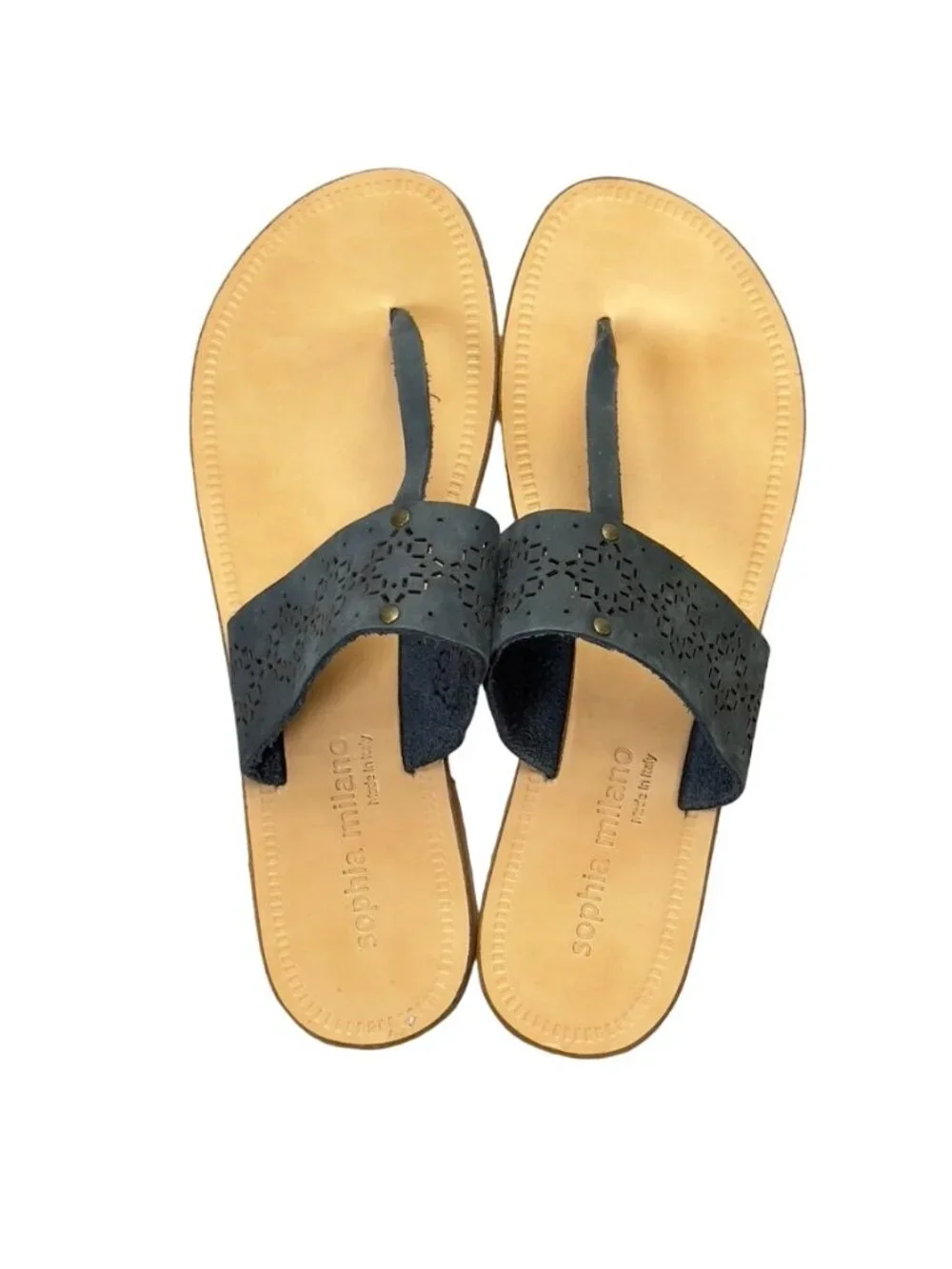 SOPHIA MILANO Women's Shoes Gray Flat Slides Perforated Leather Thongs Size 7.5M